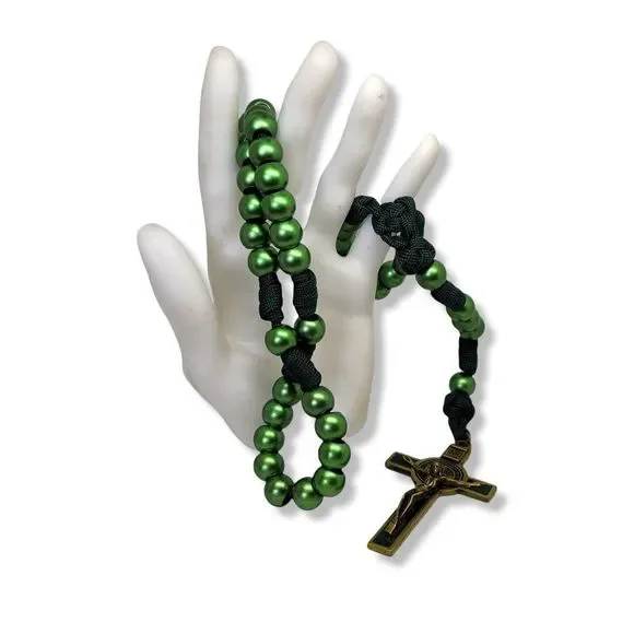 Round Green Beads Green Corded Celtic Rosary - Picture 3 of 6